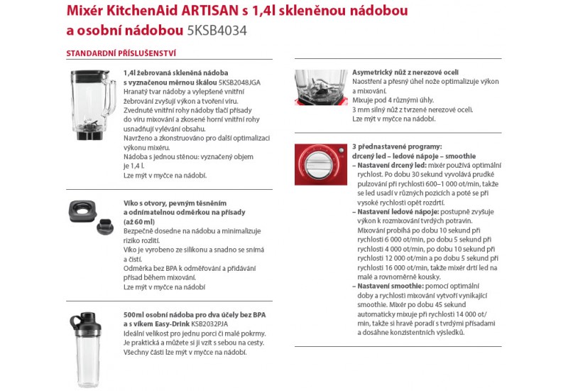 Stolní mixér Artisan 5KSB4034 červená metalíza + 500ml nádoba + nože