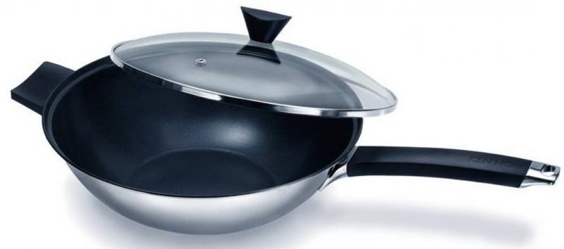 PÁNVE WOK  Nerezový wok s nepřilnavým povrchem Ken Hom Excellence, průměr 32 cm + skleněná poklice
