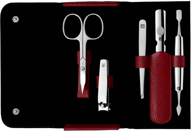 Zwilling Classic Inox manikúra, červená kůže, 5 ks (nůžky 2v1, štípátko) 97546-003